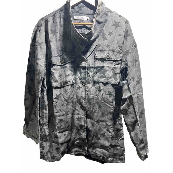 Billy T Lined Gray Jacket Black Stars Embroidered Collar Sz XS NWT Military Y2K - Picture 2 of 13